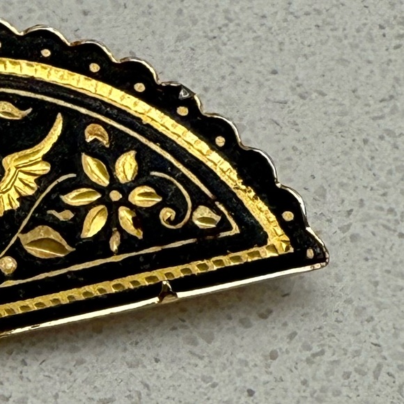 Vintage Spanish Damascene Fan Brooch Pin Spain Bird Flowers - Picture 3 of 7